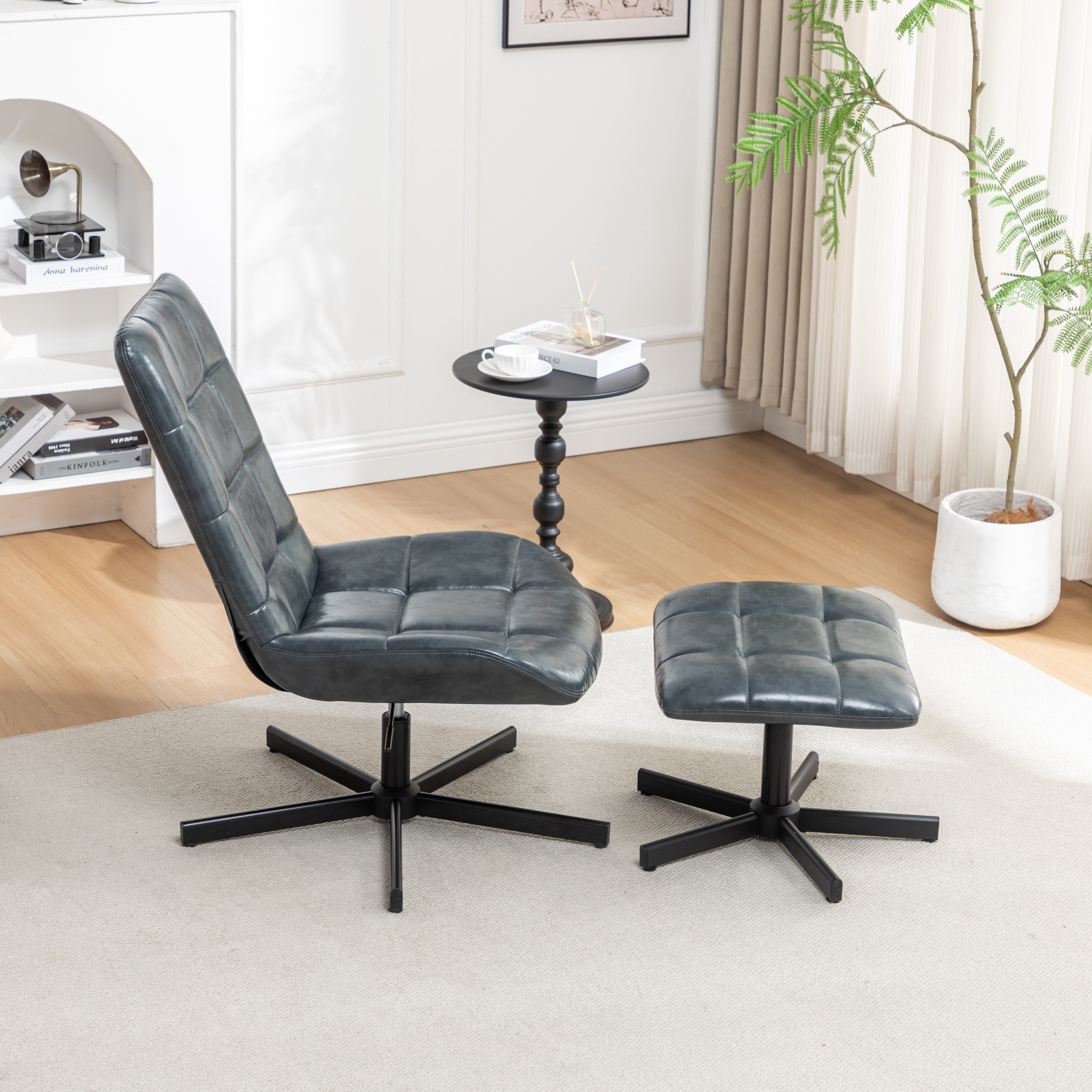 Roundhill Furniture Arlena 2-Piece Seating Set, Faux Leather Tufted Accent Chair and Ottoman, Blue