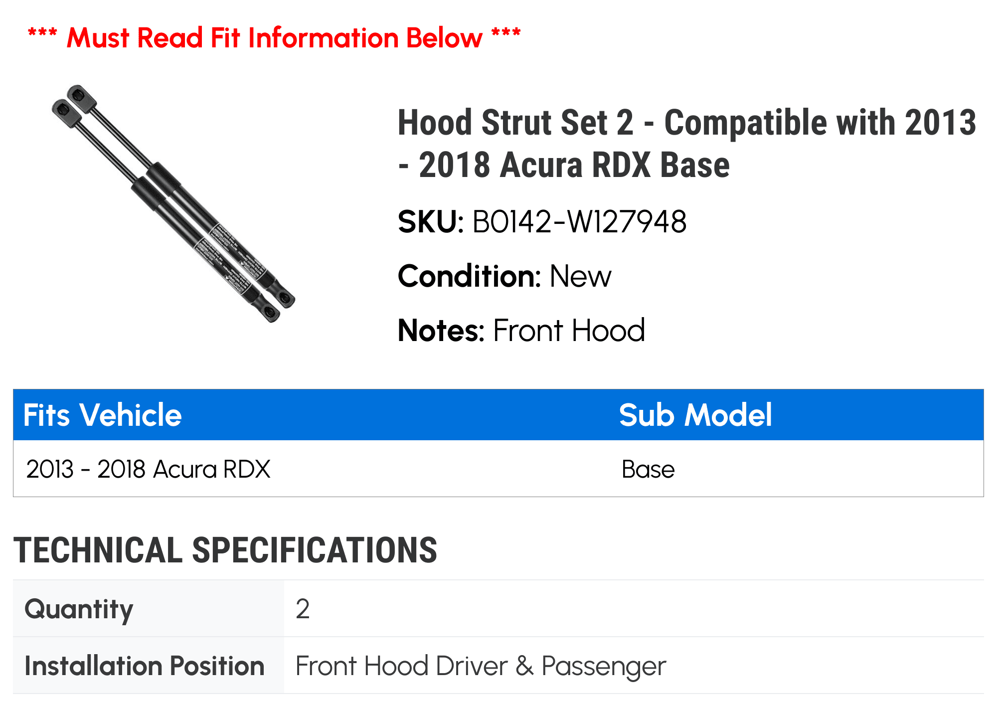 Hood Strut Set 2 - Compatible with 2013 - 2018 Acura RDX Base - Autopart Premium