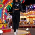thumbnail image 2 of QHFBli Womens Shiny Metallic 2 Piece Outfits Colorblock Holographic Jogger Long Sleeve Crop Hoodie Sweatsuit Sets, 2 of 5