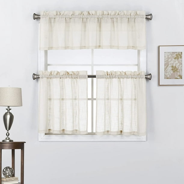 3 Piece Linen Textured Rod Pocket Top Kitchen Curtain Tiers and Valance ...