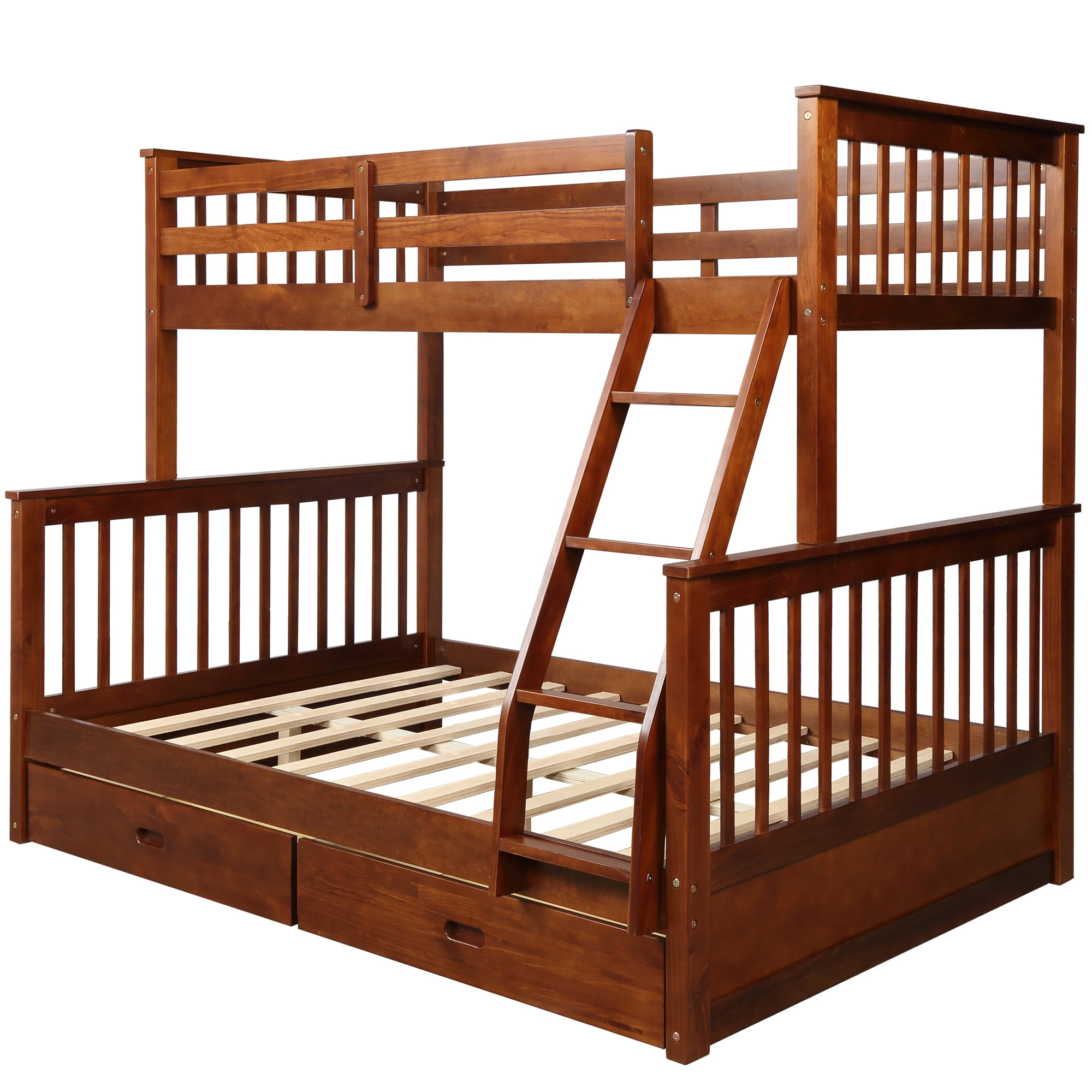 Kepooman Twin-Over-Full Wood Bunk Bed with 2 Storage Drawers & Ladder for Dorm, 79.53"L x 58.27"W x 66.54"H, Walnut Kepooman Twin-Over-Full Wood Bunk Bed with 2 Storage Drawers & Ladder for Dorm, 79.53"L x 58.27"W x 66.54"H, Walnut
