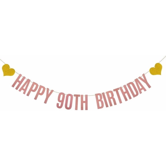 HAPPY 90TH BIRTHDAY Banner,Pre-Strung,Rose Gold Glitter Paper Garlands for Woman's 90 Years Old 90TH Birthday Party Decorations,Letters Rose Gold