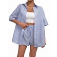 thumbnail image 3 of Womens Collar Casual Striped Short Sleeve Pants Set Two Piece Lounge Wear Summer Outfit Blue Suit M, 3 of 9