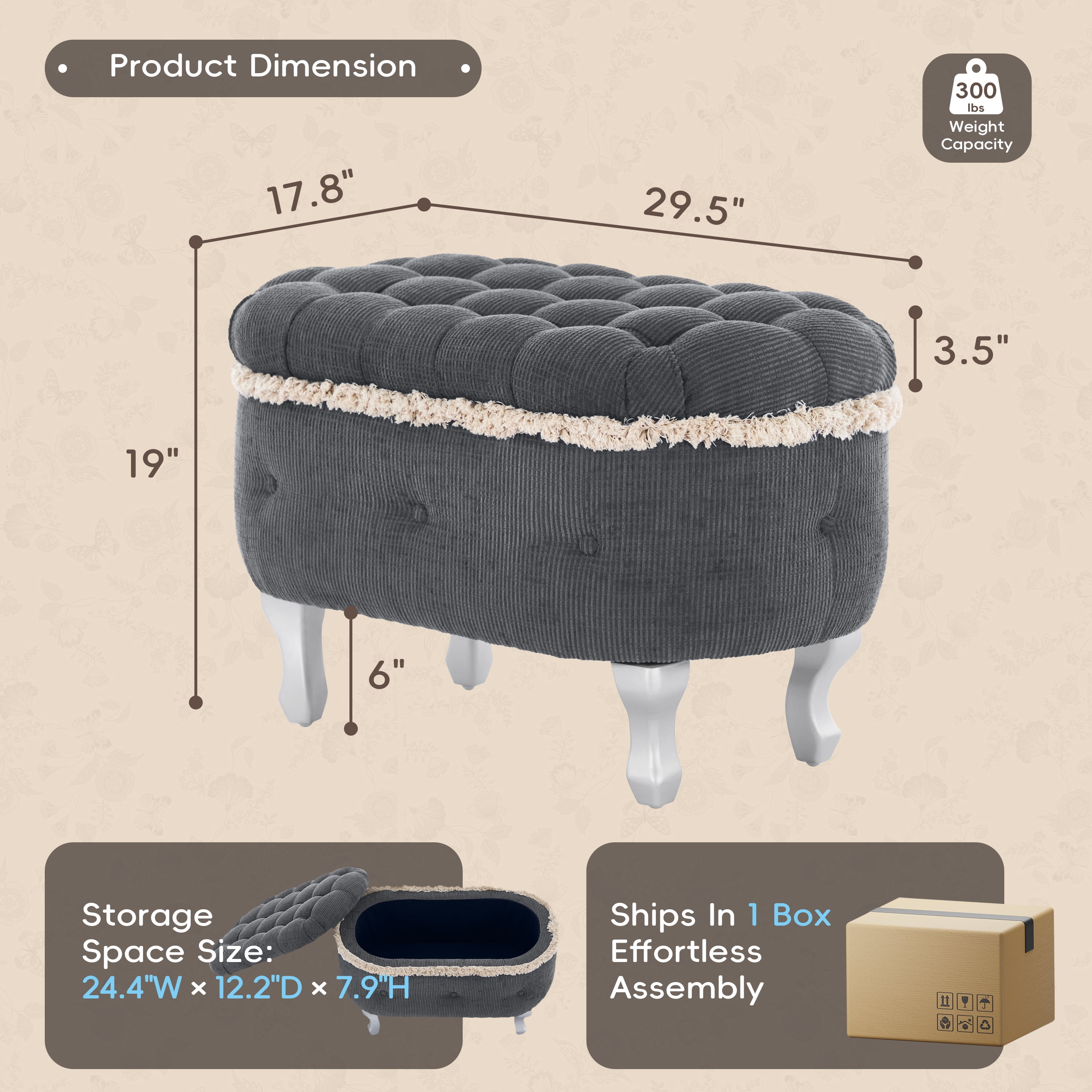 Storage Ottoman Bench with Tufted Design and Tassel Fringe, Multi-Functional Bench for Bedroom Footboard, Entryway Shoe Storage, or Window Seat, High-Density Foam, Grey (29.5"L)