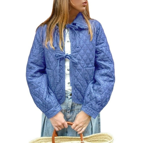 Womens Quilted Denim Puffer Jackets Tie Front Cropped Puffy Jackets Fall Cute Short Jeans Coat Royal Blue M