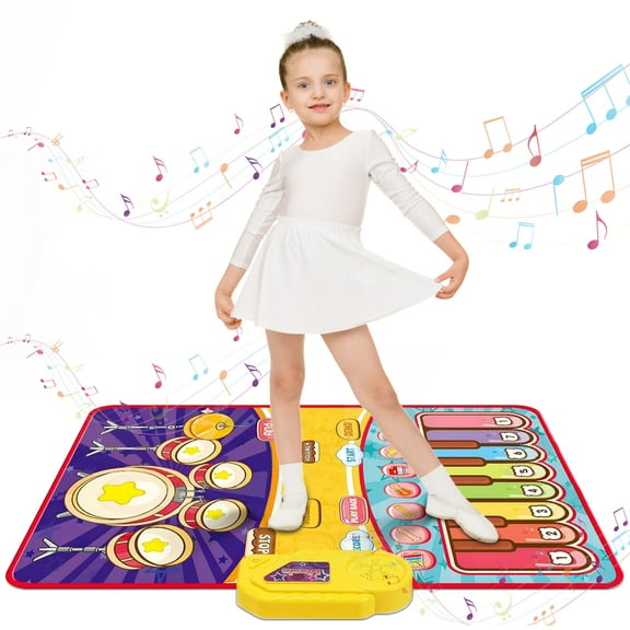 Rirool 2-in-1 Electronic Dance Mat for Kids, Piano & Drum Play Mat with 2 Sticks, Non-Slip Musical Toy for Toddlers, Foldable Learning Pad - Birthday/Christmas Gift (Purple/Blue)