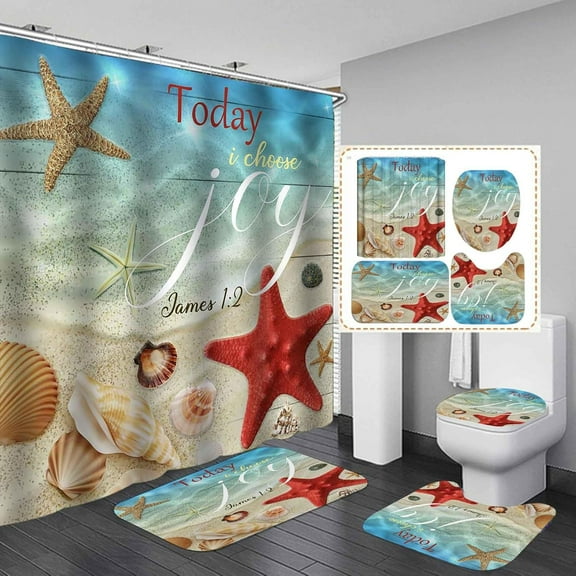 4PCS Ocean Beach Shower Curtain Sets With Rugs, Waterproof Fabric Shower Curtain, Hawaiian Tropical Summer Seaside Scenery Palm Leaves Blue Ocean Colorful Chair Nautical Coastal Bathroom Decor