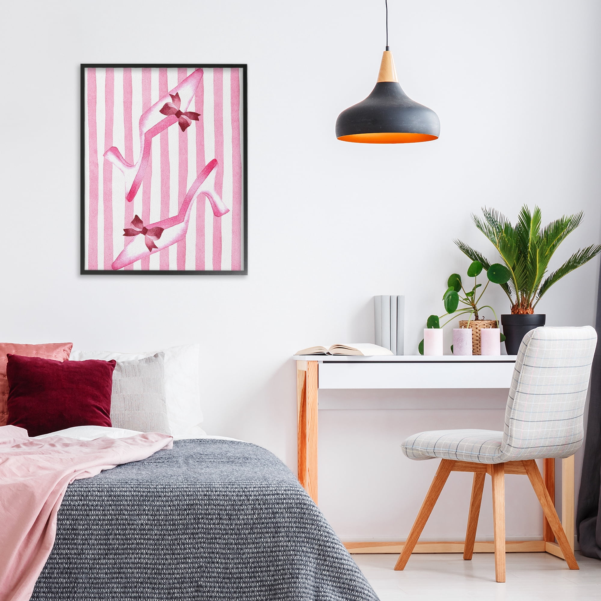 Stupell Industries Bow Heels on Pink Stripes Black Framed Giclee Art, design by Camila Juncos