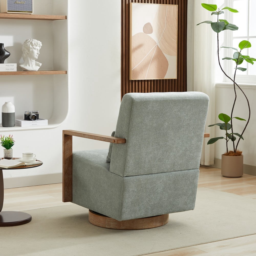 Swivel Accent Chair, 360 Degree Modern Upholstered Lounge Chair with Solid Wood Armrests, Linen Blend Fabric, Comfy Reading Chair for Living Room, Bedroom & Office, Pale Green