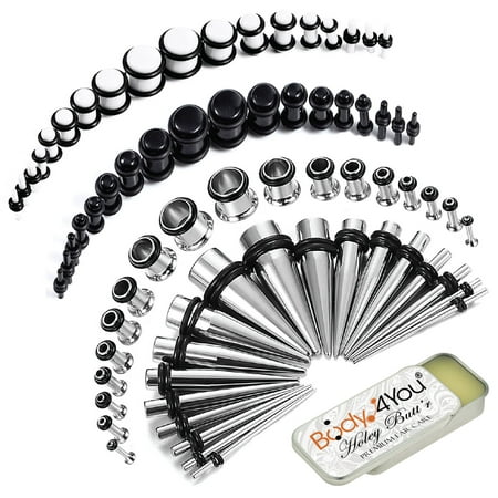 BodyJ4You 73PC Gauges Kit Ear Stretching Aftercare Balm 14G-00G Black White Acrylic Plug Steel