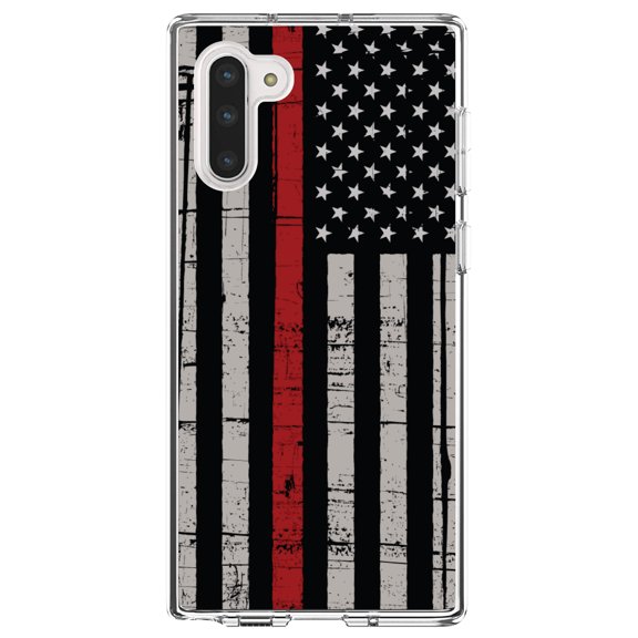 DistinctInk Clear Shockproof Hybrid Case for Samsung Galaxy Note 10 (6.3" Screen) - TPU Bumper, Acrylic Back, Tempered Glass Screen Protector - Weathered Thin Red Line US Flag - First Responders