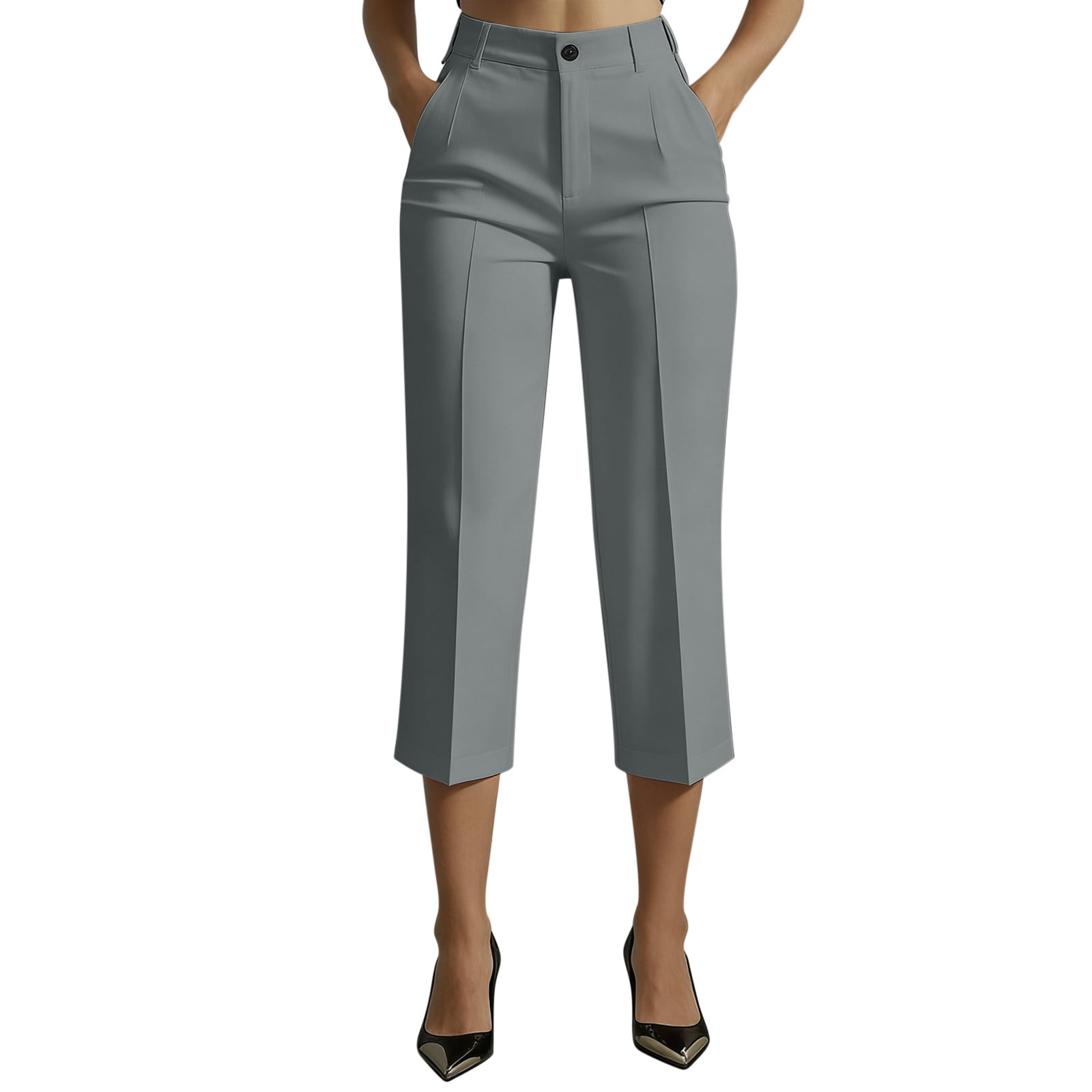 Women's Straight Leg Summer Suit Capri Pants, Dressy High Waisted Versatile Business Casual Trousers with Pockets