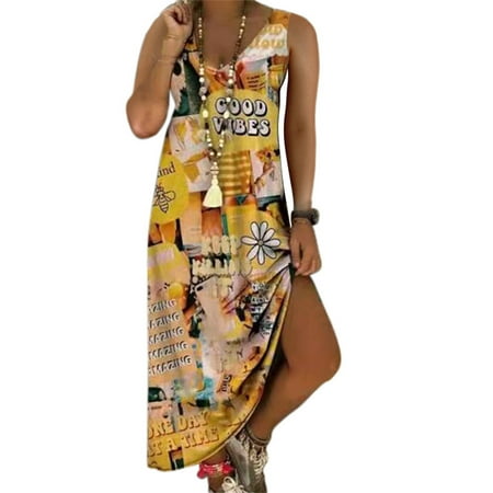 

Inkach Fashion Women Summer Casual Sleeveless V-Neck Print Long Dress