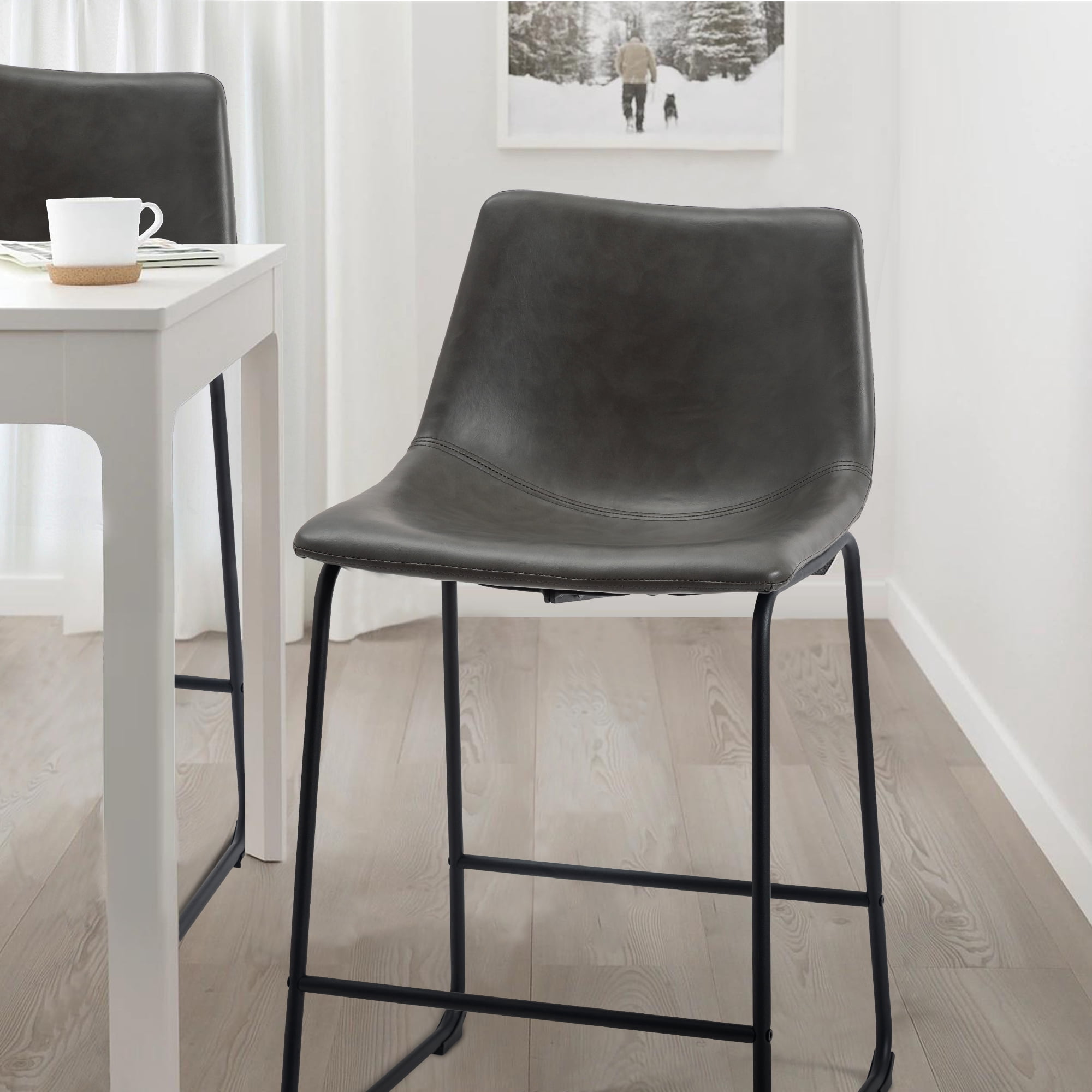 Set of 2 Fabric Bar Stools Low Back Counter Height Bar Stool with Leather Pub Chairs Height 34" Grey