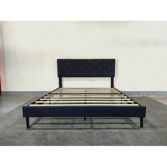 YUSAZENS Queen Size MDF + Iron + Fabric Diagonal Grid Soft Mattress, Comfortable Upholstered Bed Frame in Pink, No Box Spring Needed, Space-Saving Design