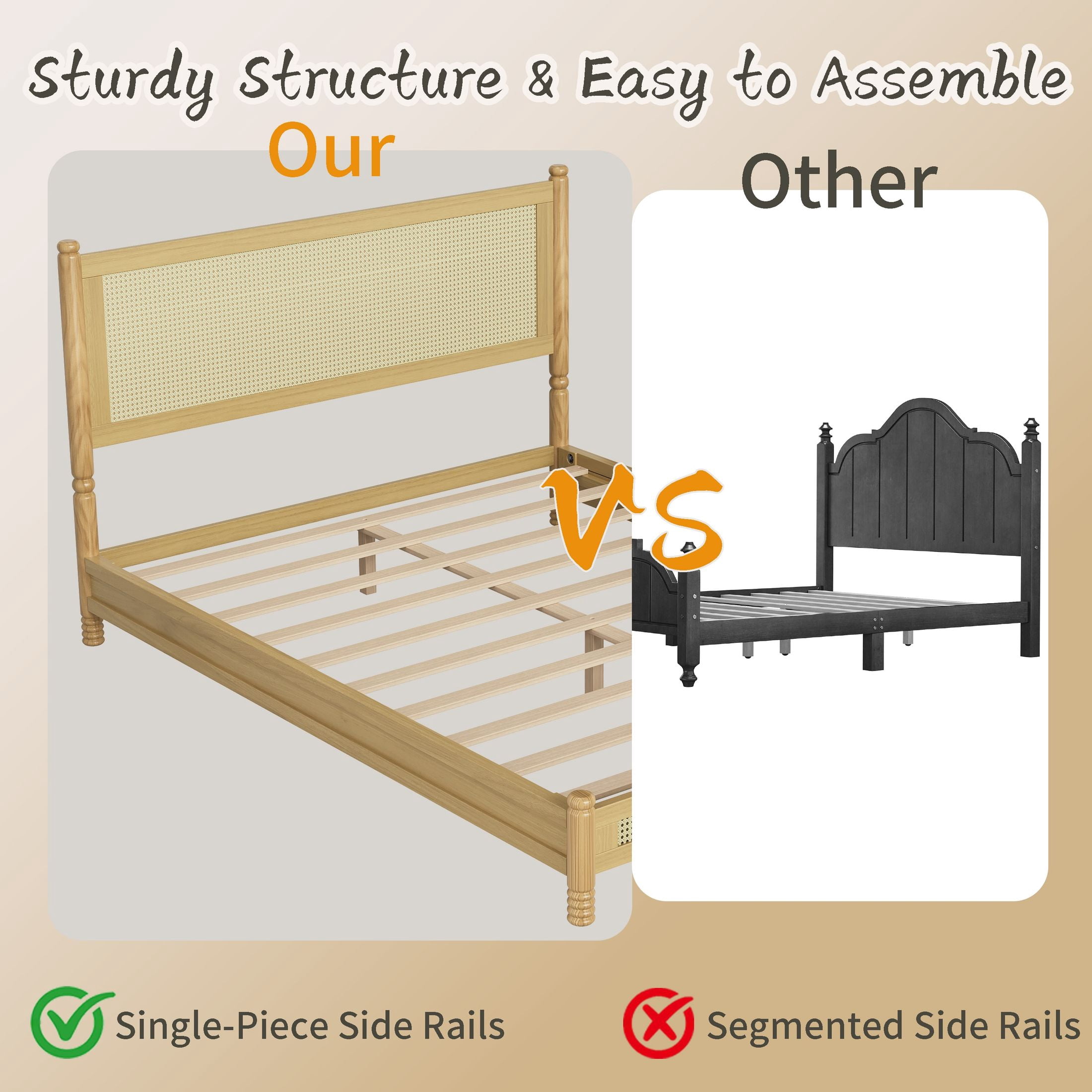 GDF Studio Annes Queen Size Boho Rattan Platform Bed Frame with Turned Legs, Woven Cane Pine Wood Bed Frame, Natural