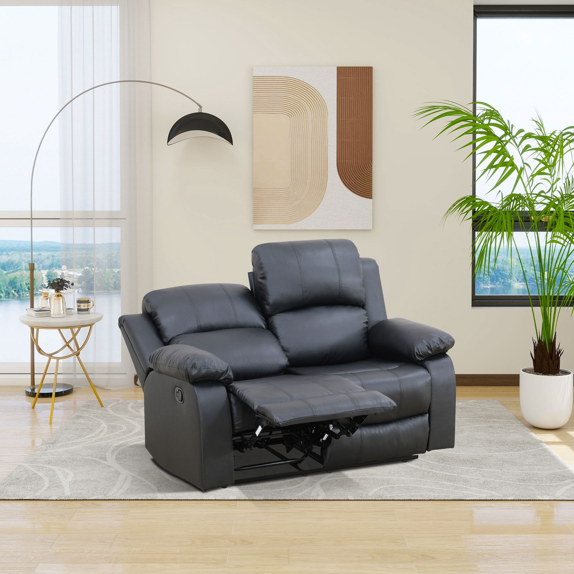 Gewnee Loveseat Adjustable Multifunctional Recliner Solid Wood Frame Air Leather Upholstery Living Room Black