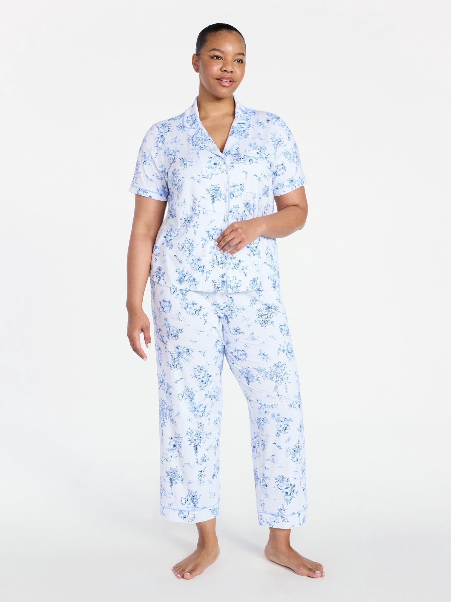 Joyspun Women's Dreamy Soft Collection Notch Collar Top and Capri Pants Pajama Set, 2-Piece, Sizes XS-3X