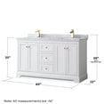 thumbnail image 4 of Wyndham Collection Avery 60 Inch Double Bathroom Vanity in White, White Carrara Marble Countertop, Undermount Square Sinks, Brushed Gold Trim, 4 of 4