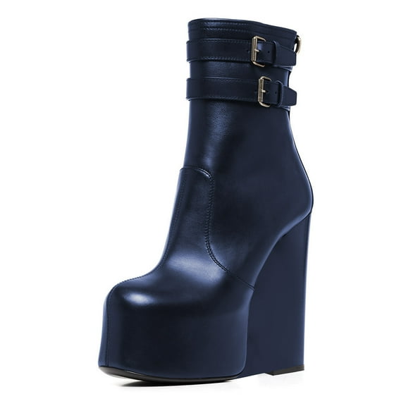 FSJ Women Fashion Round Closed Toe Ankle Boots Platform Wedge High Heel Punk Booties Buckled Strappy Side Zipper Party Shoes Size 8 Navy