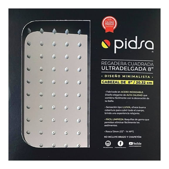 Regadera Pidsa Cuadrada Tipo Lluvia 8 Pulgadas 53925
