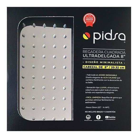 Regadera Pidsa Cuadrada Tipo Lluvia 8 Pulgadas 53925
