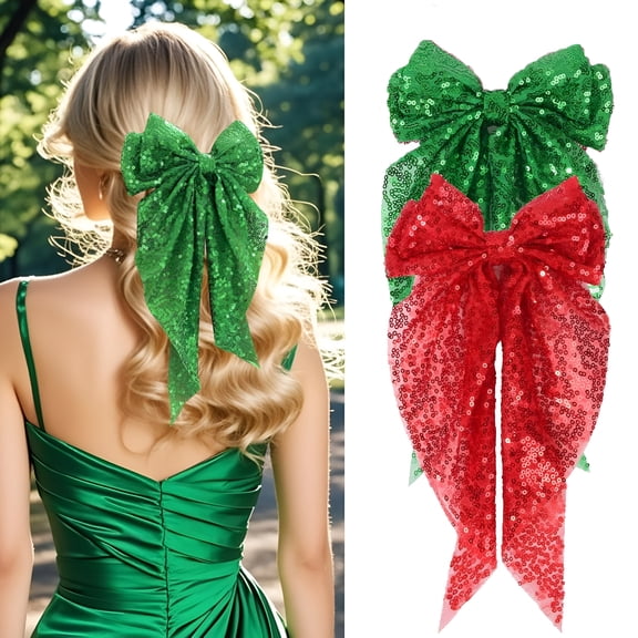 TUWAFE 2Pcs Glitter Layered Hair Bows for Women Girls Barrette Hair Clip Sparkly Large Long Bows Style Hair Accessories Big Bows for Girls
