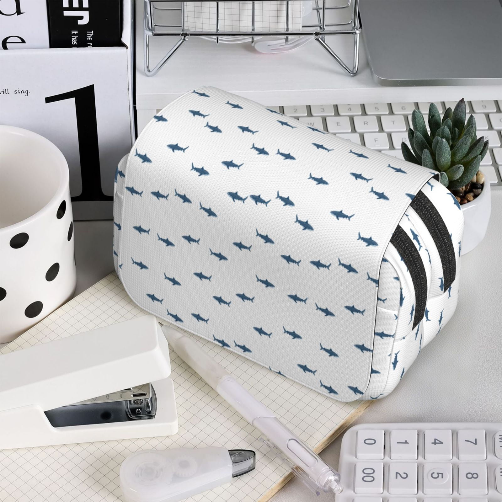 Rateoe Cute Shark Pattern Double Clamshell Pen Case, Storage Organizer with Two Zipper Compartments– Holds Up to 50 Pencils & Pens