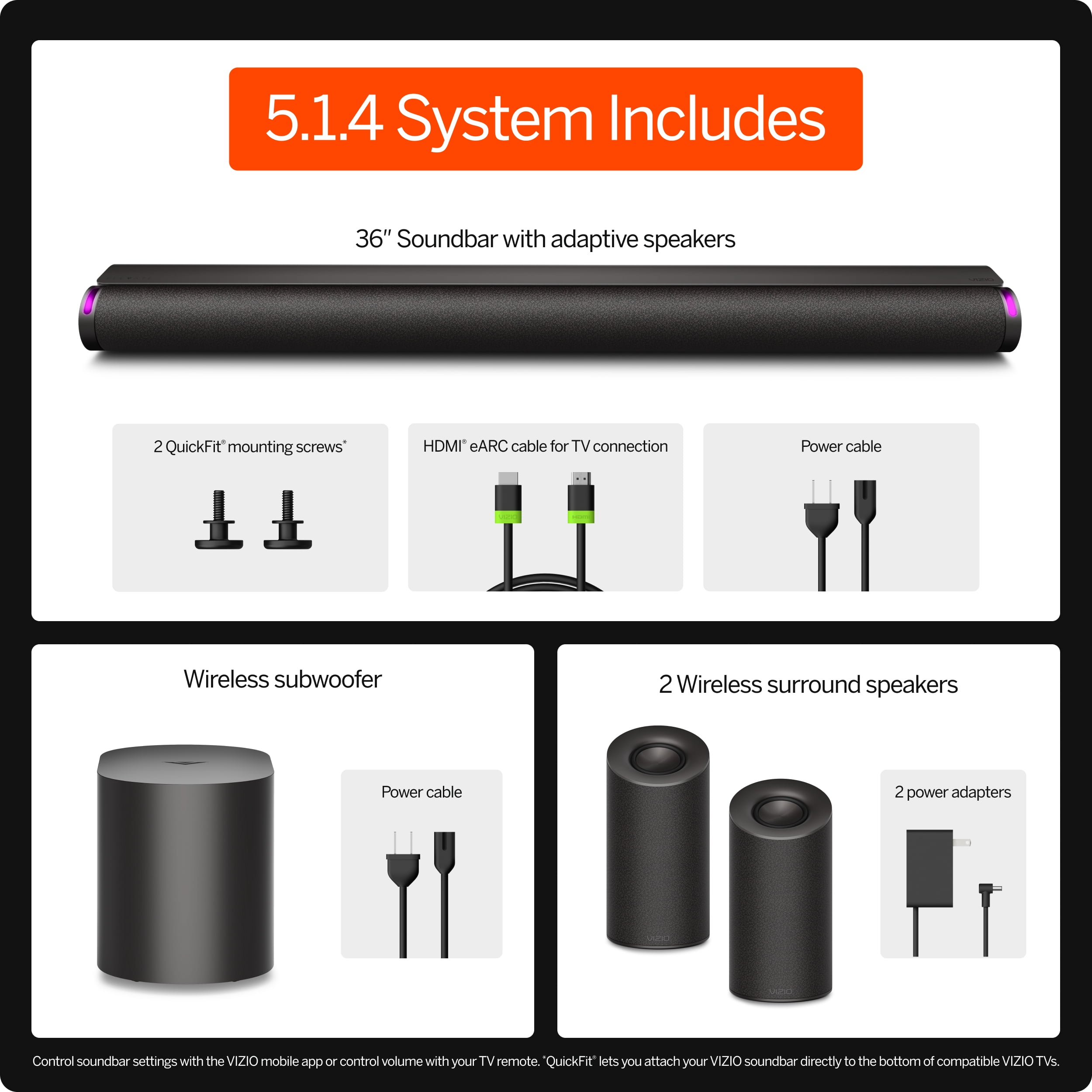 VIZIO Elevate 5.1.4 Soundbar w/ Dolby Atmos, Wireless Surround Speakers & Subwoofer, QuickFit® Compatible (SL514MW-1006)