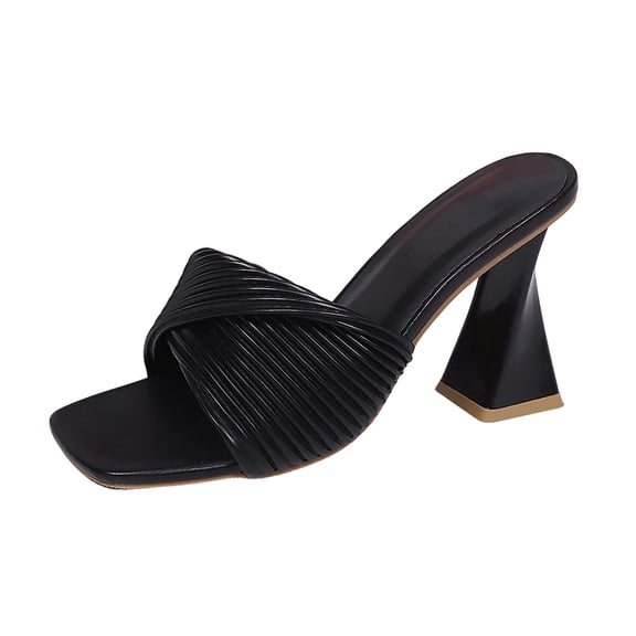 Gpaecead Women Ribbed Strap Chunky Heel Mules Square Toe Cushioned Footbed Plus Size Spring Summer Height Party Shoes,Black