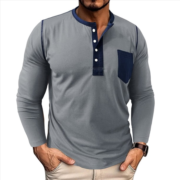 Camisetas Henley de Larga Raglán para Hombre, Informales, Ajustadas y A . Gris M