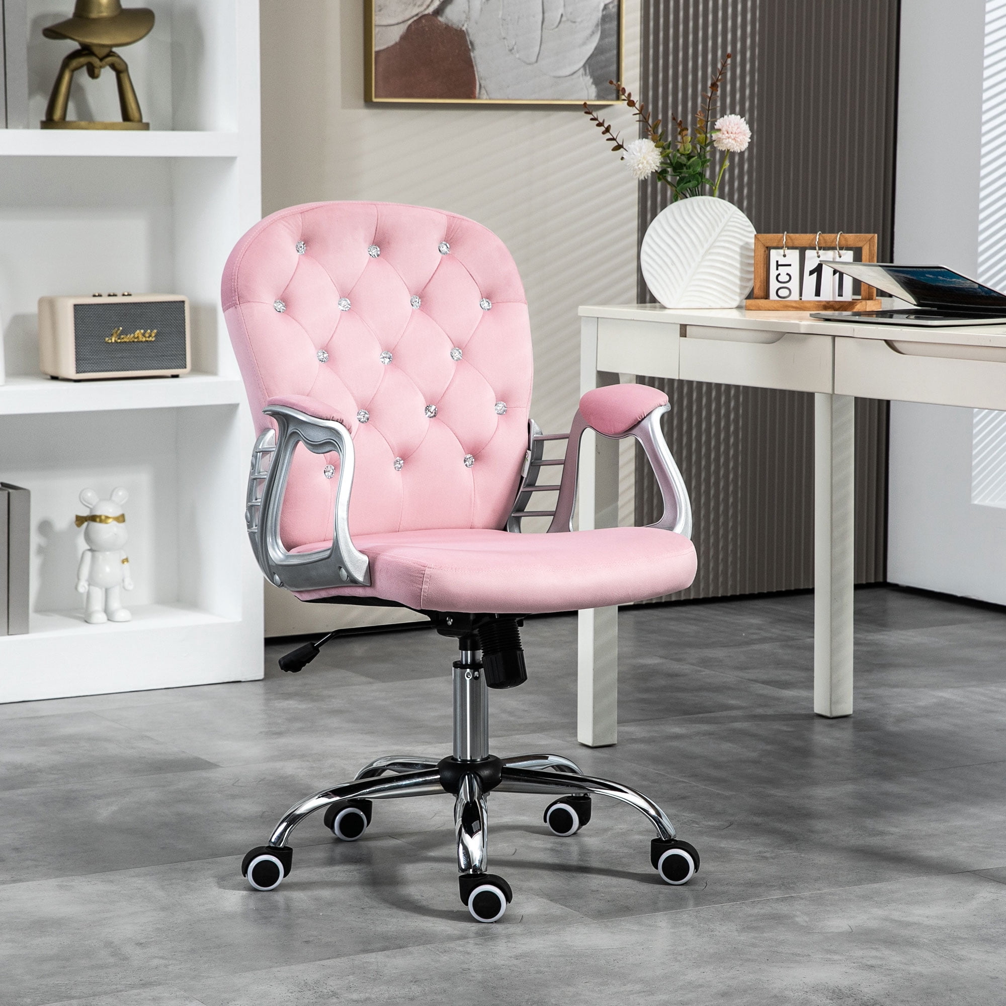 Vinsetto Velvet Office Chair, Button Tufted Desk Chair with Armrests, Pink