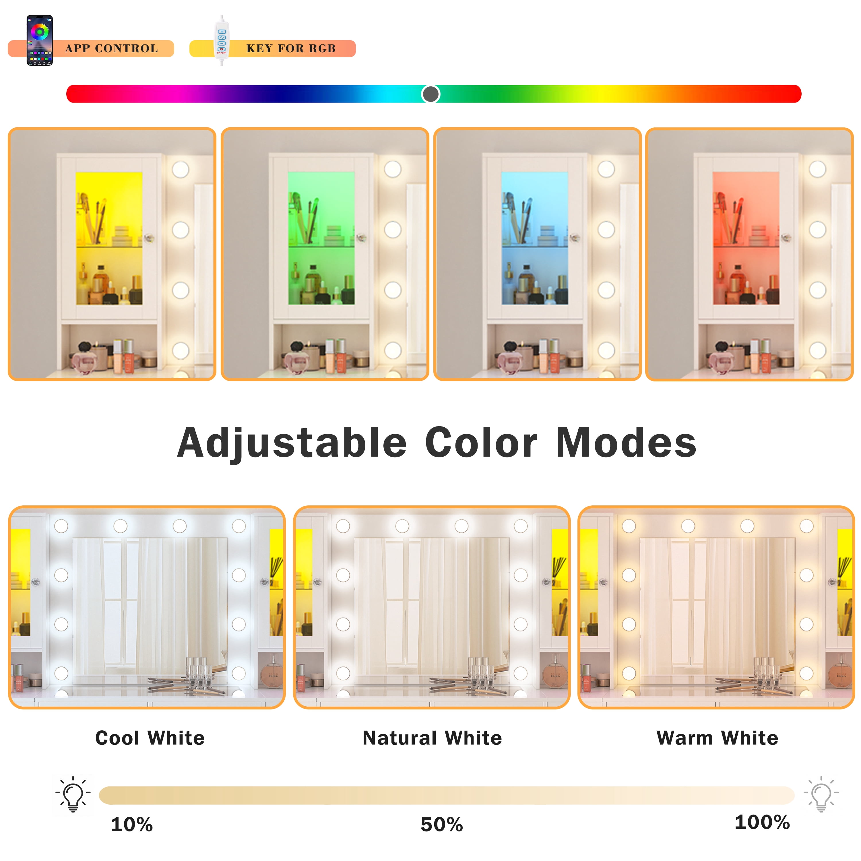 Vanity Desk Table with Lighted Mirror 55“ Girls Makeup Vanity with Power Outlet 3 Colors Lighting Adjustable Brightness Vanity Table for Women Bedroom Dressing Room White