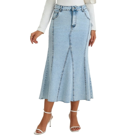 INSPIRE CHIC Womens Denim Maxi Skirts High Waisted Casual Fit and Flare Long Jean Skirt S Light Blue