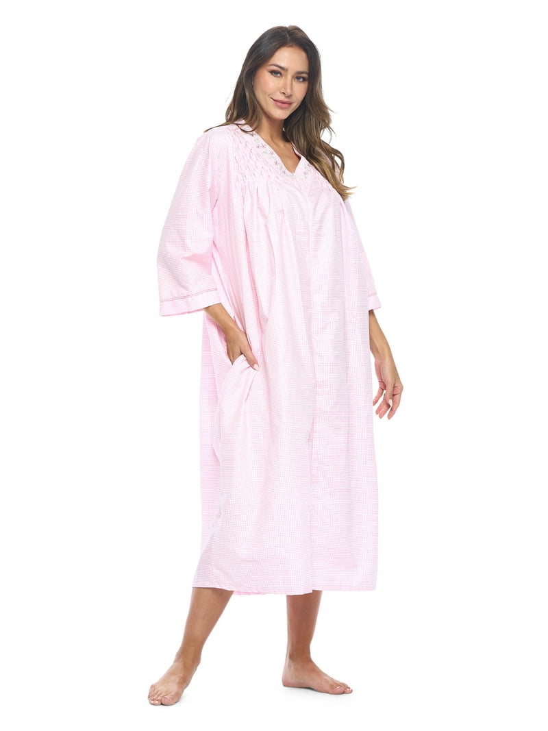 Casual Nights Women's Zip Front Seersucker House Dress 3/4 Sleeves Housecoat Long Duster Lounger - Gingham Pink - Large