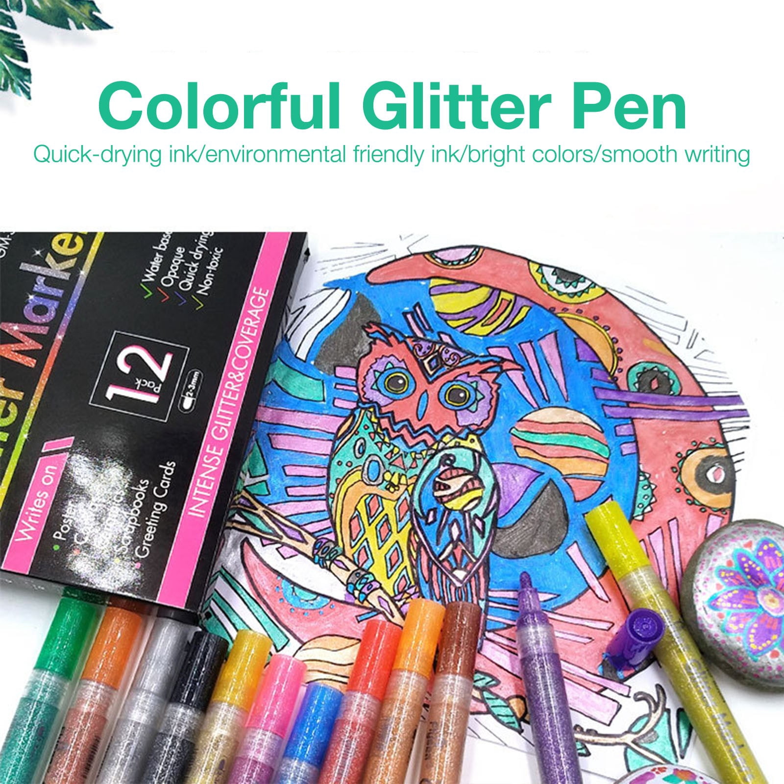 PPKVUFD 12 Glitter Paint Pens for Glass Marking, Rock Painting, Ceramic, Wood, Fabric, Scrapbooking, DIY Craft Making, Coloring - Acrylic Paint Markers Medium Tip 3mm