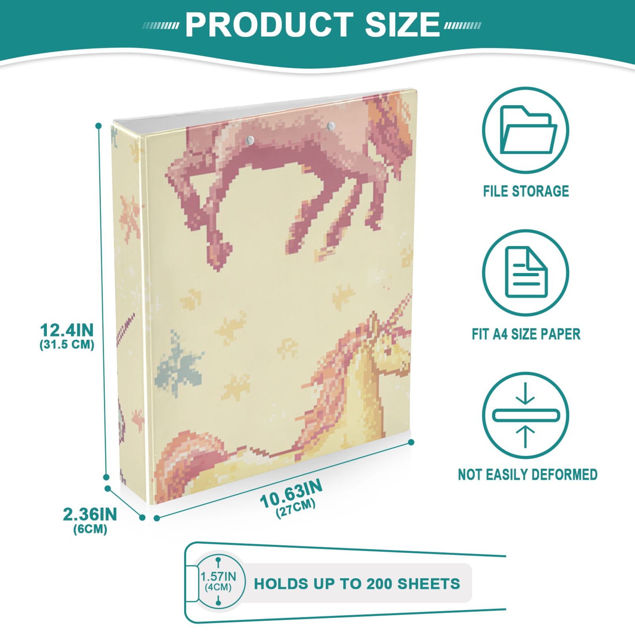 Pixel Unicorns Stars 3 Ring Binders 1.5 inch Hardcover File Folders with Interior Pockets A4 Size Organizer for School Office Hospital
