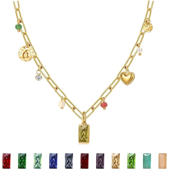 Gold Birthstone Necklace For Women,14K Gold Plated Necklace,Dainty Red Blue Green Diamond Necklace 12 Month Birthstone Jewelry Birthday Gifts For Women[o7776]