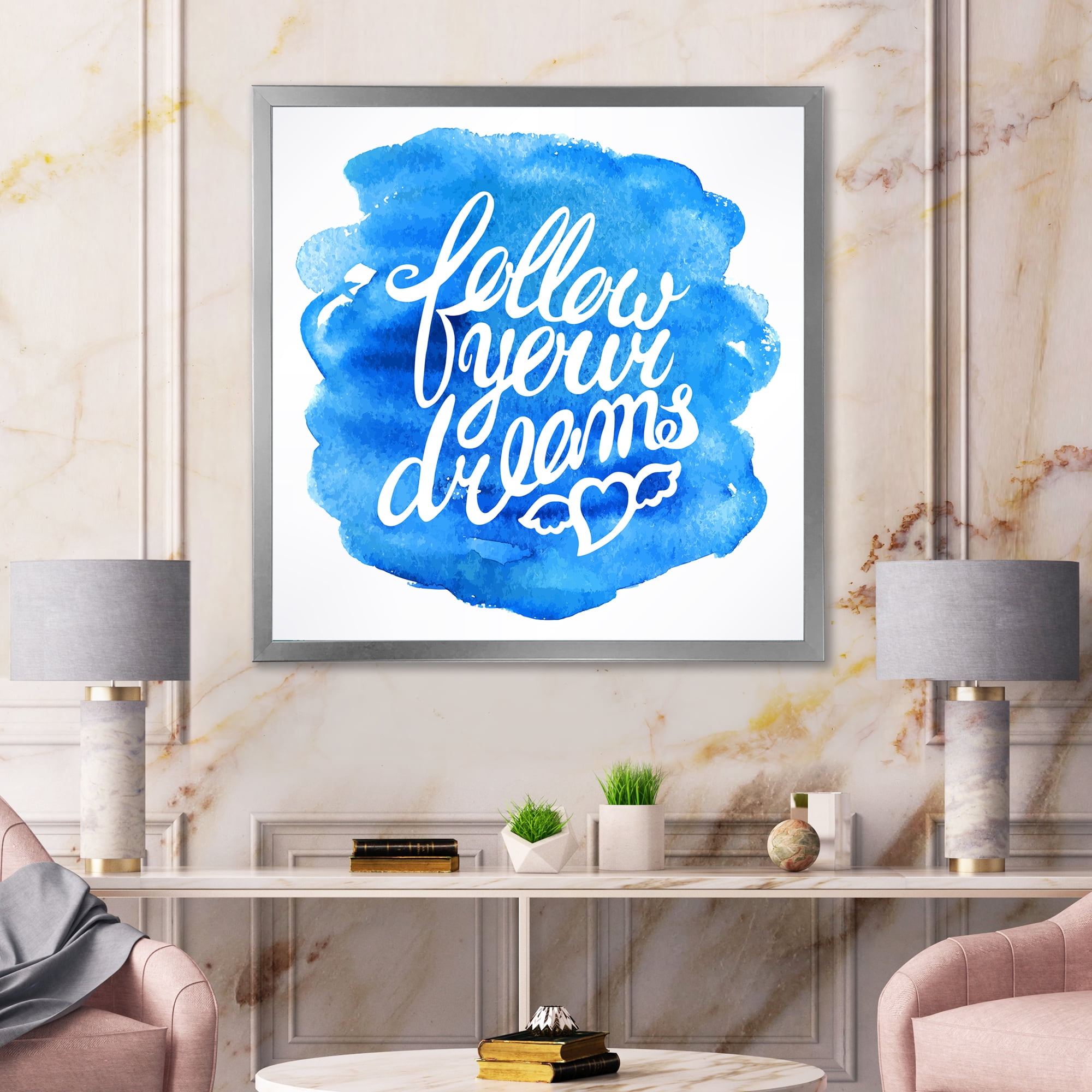 Designart 'Follow Your Dreams On Blue I' Modern Framed Art Print