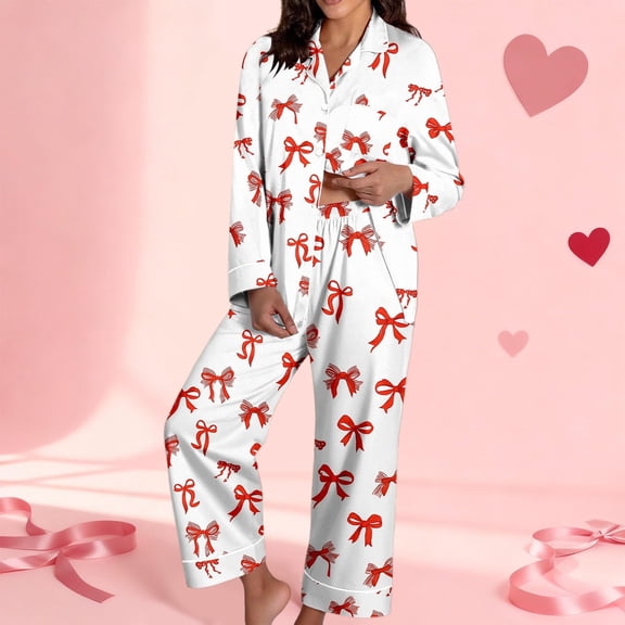 Women's Dressy Casual Long Sleeve Button Down Sleepwear Set Lightweight Graphic Cotton Cute Heart Print Valentines Pajama Sets