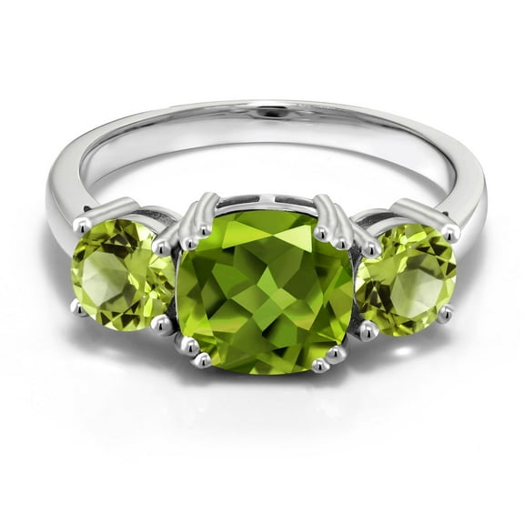 Gem Stone King 3.45 Cttw Green Peridot 3-Stone Engagement Ring for Women | 925 Sterling Silver | Gemstone August Birthstone | Cushion 8MM | Three Stone Wedding Anniversary Promise Ring | Size 6