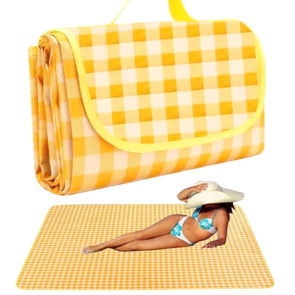 Portable Plaid Picnic Blanket, Waterproof Sandproof with Tote Handle, Yellow, Lawn Park Beach Travel