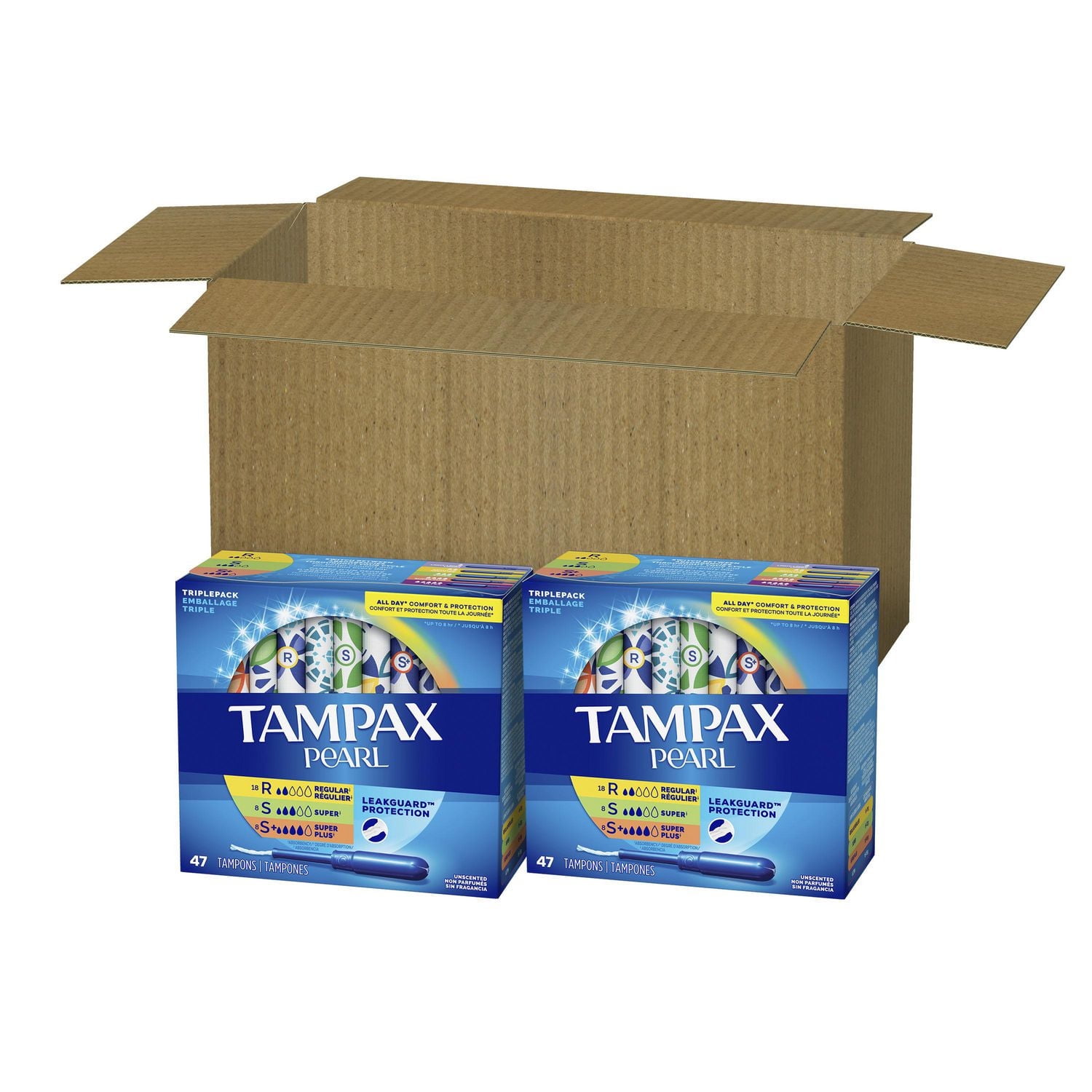 Tampons Tampax Pearl avec tresse anti-fuites LeakGuard, degré d’absorption léger/régulier/super, emballage multiple, non parfumés, 94 tampons