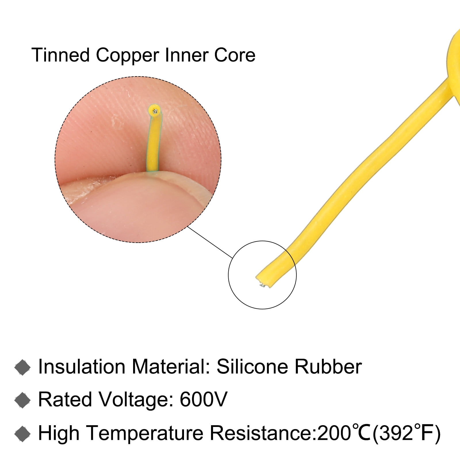 Silicone Wire 30AWG 30 Gauge Flexible Tinned Copper Standard High-Temperature Hookup Wire Yellow 30m/98ft
