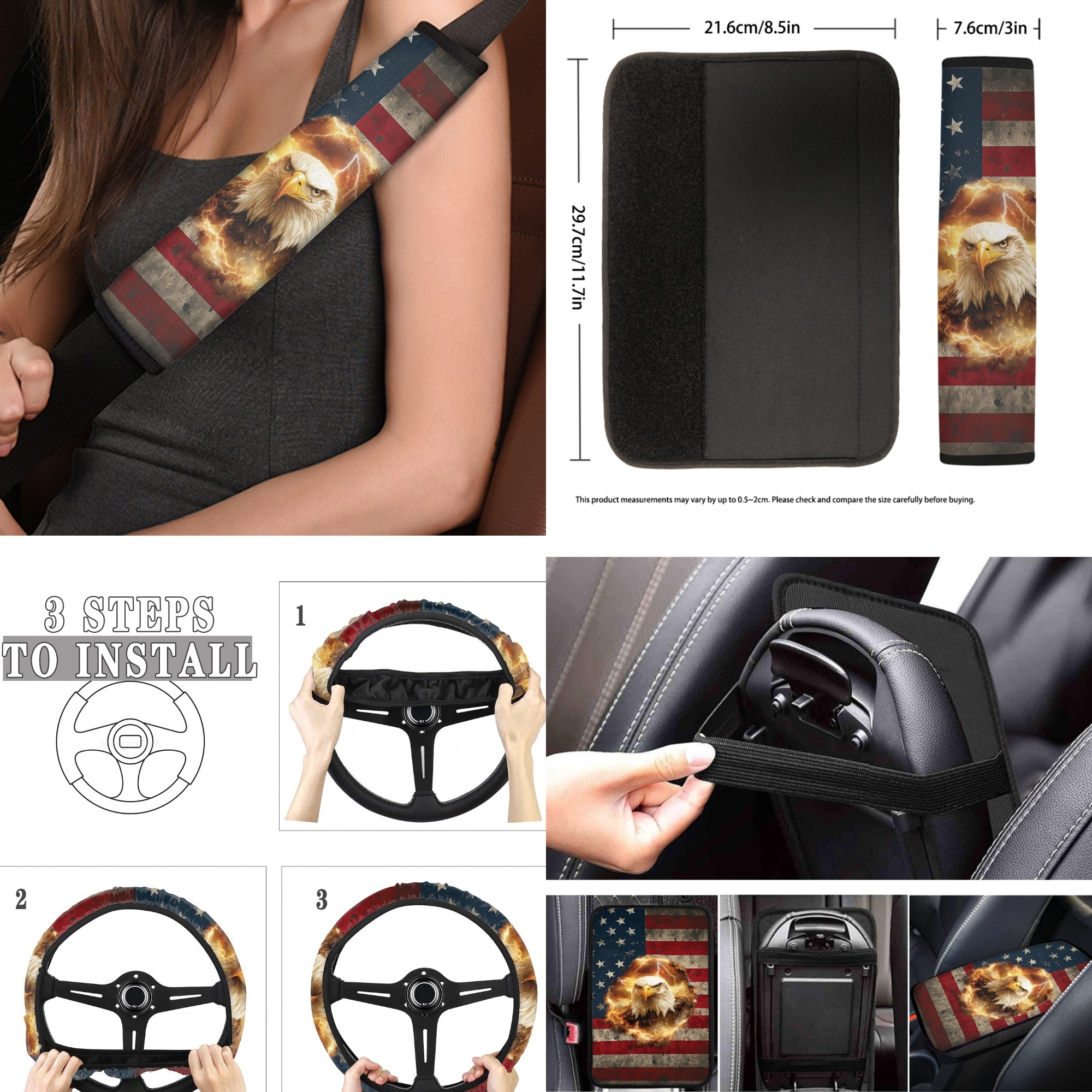 Jeiento Eagle Car Seat Cover Full Set Car Floor Mats American Flag Steering Wheel Cover Cool Flame Seatbelt Pad Armrest Cover Cup Coaster Keychains Universal Auto Interior Accessories Set 17 Pack