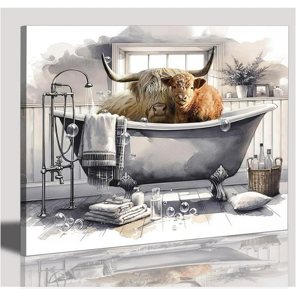 Highland Cow Wall Art in Bathtub Canvas Print - Black and White Photo Bubble Funny Cattle Pictures Animal Painting Farmhouse Artwork for Wall