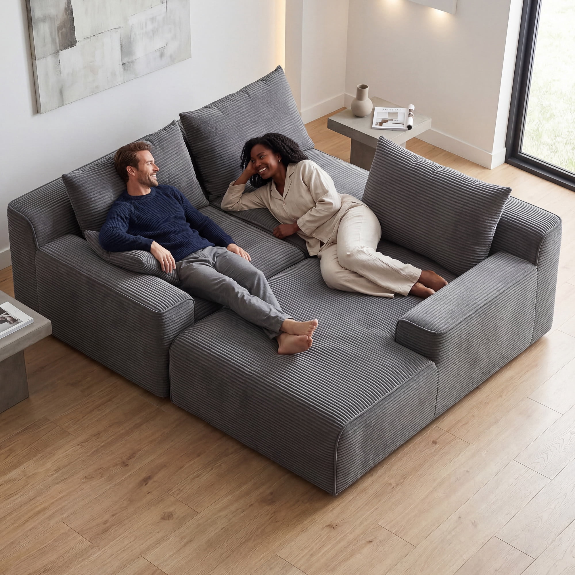 EnHomee Modular L-Shaped Couch for Livingroom Convertible Cloud Sofa  Boneless Sectional  Couch for Home, Grey(Corduroy)