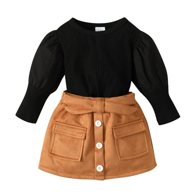Sunnyoo Girls Long Puff Sleeve Ribbed Solid Sweater Skirt Outfit 2Pcs Clothes Set