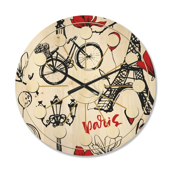 Designart 'Vactor Illustration Paris Eiffel ' Mid-Century Modern Wood Wall Clock