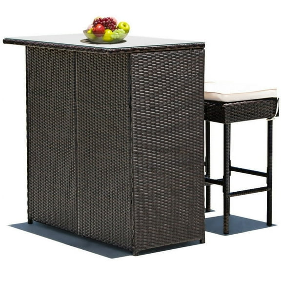Spaco 3-piece Rattan Wicker Bar Table Stools Dining Set Cushioned Chairs, Wicker Furniture Conversation Sets, Coffee Table for Garden, Poolside, Backyard